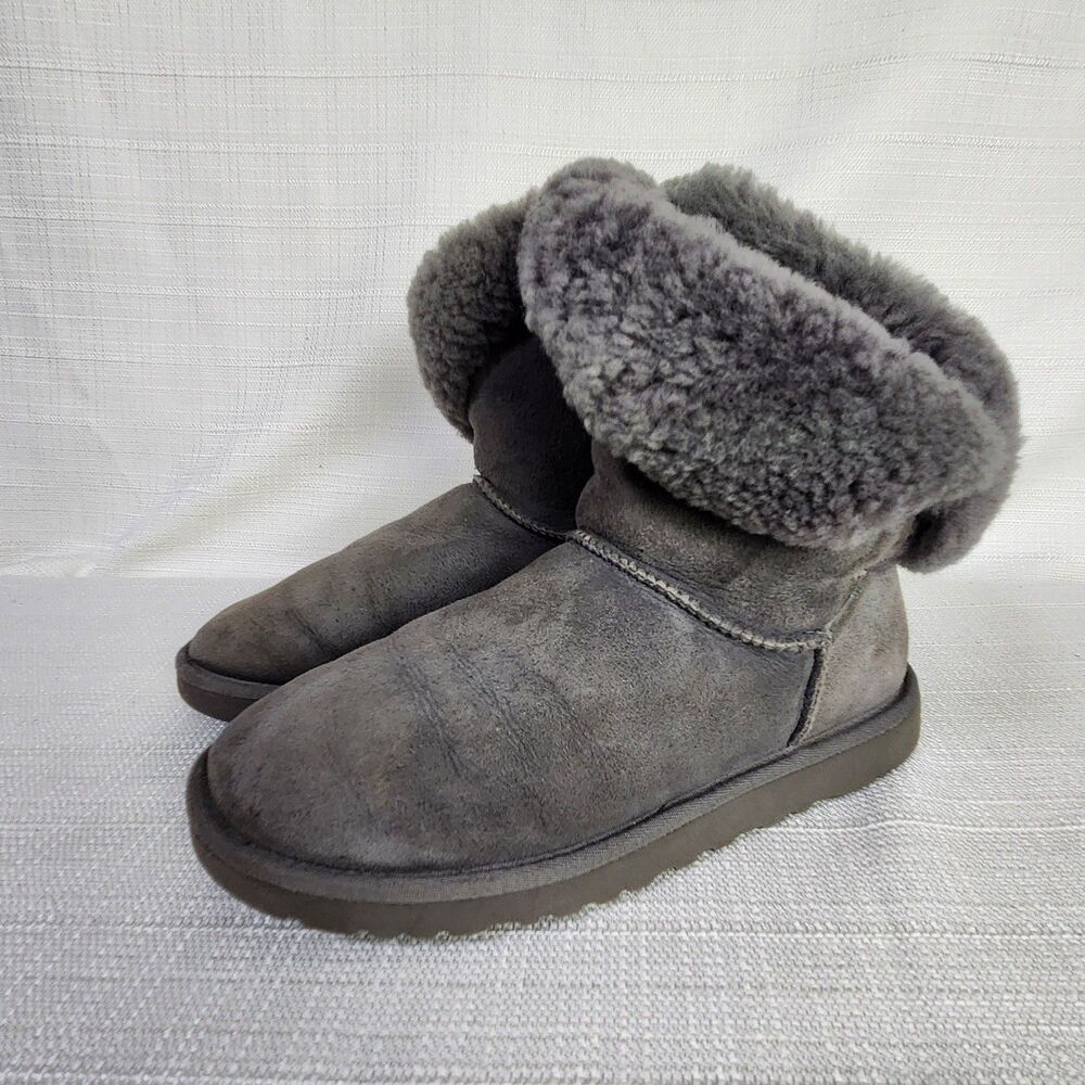 UGG® Women's  Bailey Button Shearling Fur Lined Mid-Calf Boots in Gray Size 8